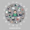 Business meeting composition with isolated colourful icons and silhouette pictograms of commercial ideas meetings and collaborations vector illustration